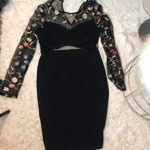 Embroidered long sleeve open front  midi dress